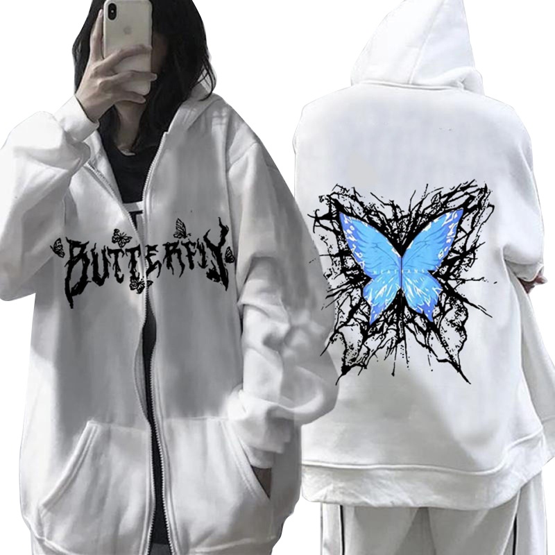 Xiangbao Áo Khoác Hoodie Khóa Kéo In Hình Bướm Phong Cách Gothic Oversize Dành Cho Nam Nữ