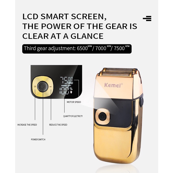 Máy cạo râu đa năng có đèn LED Kemei KM-2028 màu vàng điện sạc cáp USB