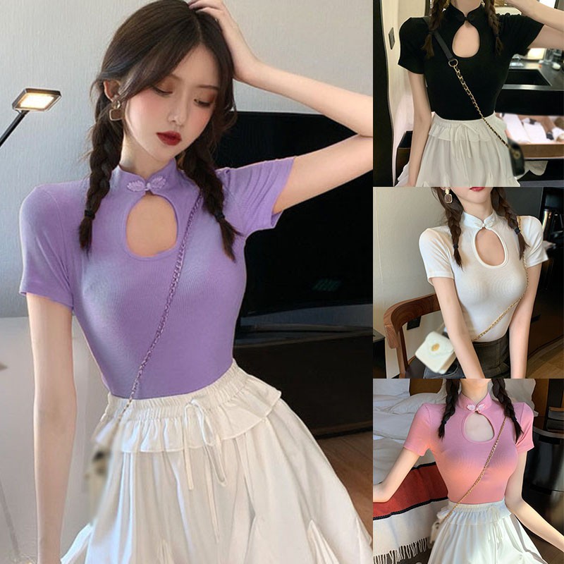 Áo thun tay ngắn khoét trước thiết kế quyến rũ nữ tính