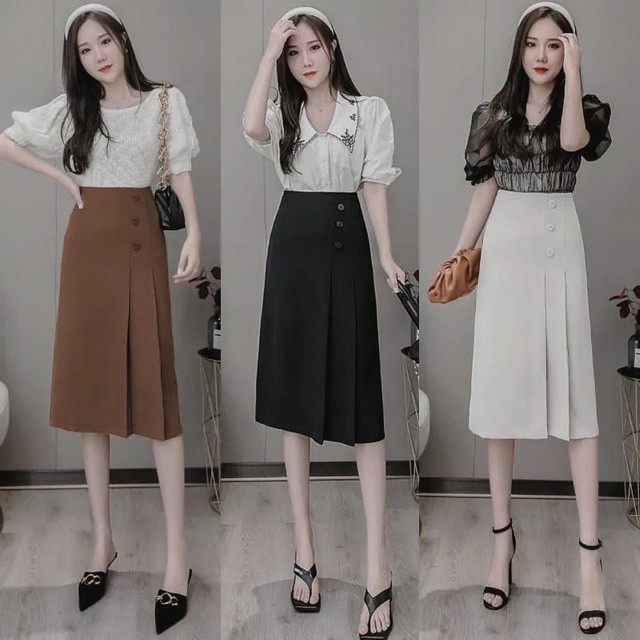 Chân váy công sở xếp ly. 3 cúc hông xinh xắn