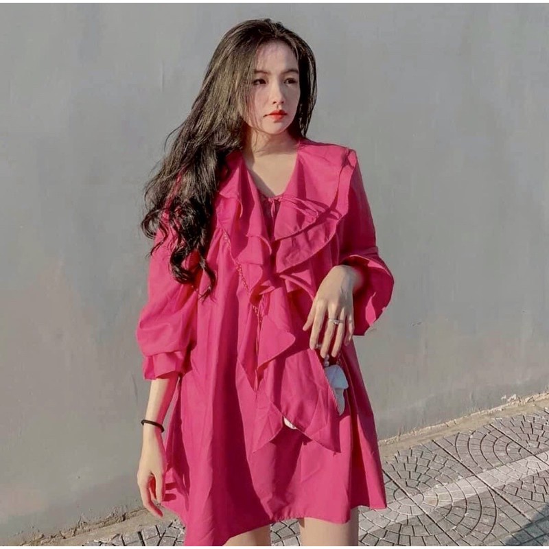 Váy bbdoll hồng phối cổ bèo nơ hàng đẹp chất thô mềm