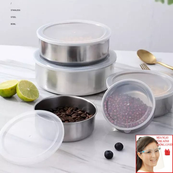 Bộ 5 thố inox Protect fresh box  đựng đồ ăn nhà bếp có lắp đậy, bộ tô 5 món inox đựng thức ăn