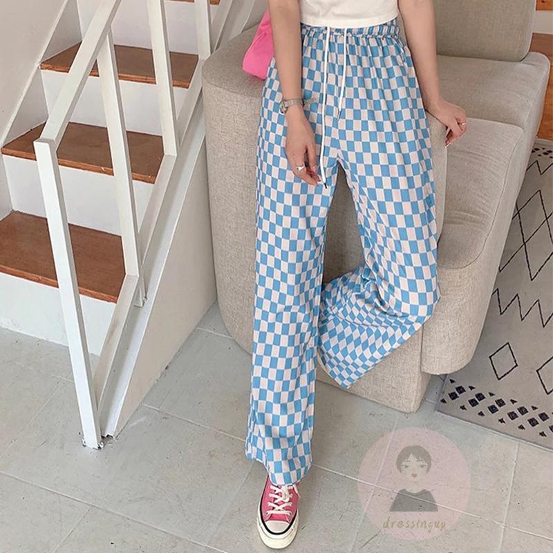 Quần Dài Ống Rộng Lưng Thun Dây Rút Họa Tiết Caro Thời Trang Cho Nữ
