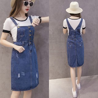 Đầm yếm jean nữ wash cào duyên dáng