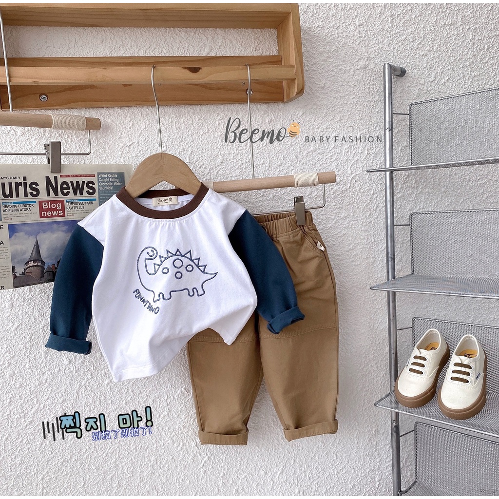 Bộ dài tay thu đông bé trai vải cotton hoạ tiết bé trai, bộ thun tay dài phối quần linen sành điệu Beemo