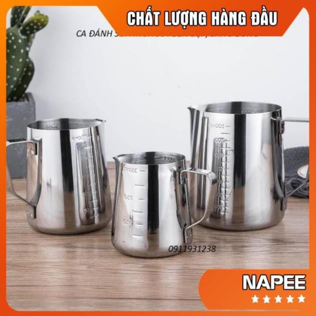 Ca đánh sữa inox (có vạch chia) 350ml - 550ml - 900ml (100% inox 304) chuyên dùng đong nước,thực phẩm trong pha chế