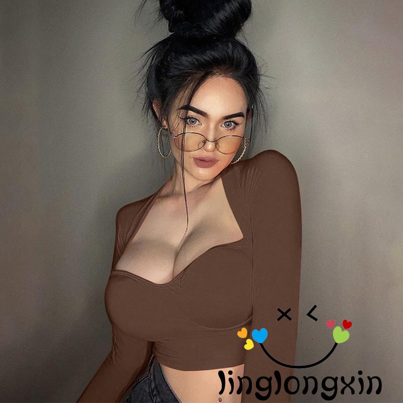 Áo Croptop Tay Dài Cổ Chữ V Màu Trơn Thời Trang Thu Hè Màu Đen/ Tím/ Cam/ Cà Phê Cho Nữ Linglongxi2