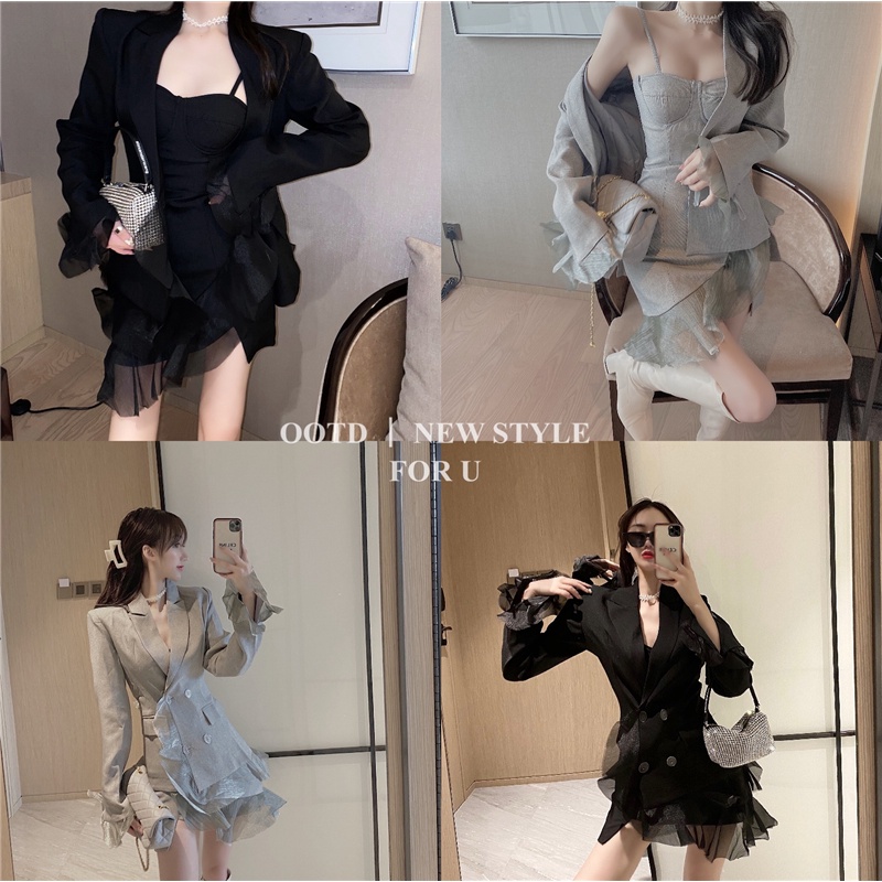 Set Áo Khoác + Đầm Hai Dây Phối Lưới Phong Cách Retro Thời Trang Dành Cho Nữ