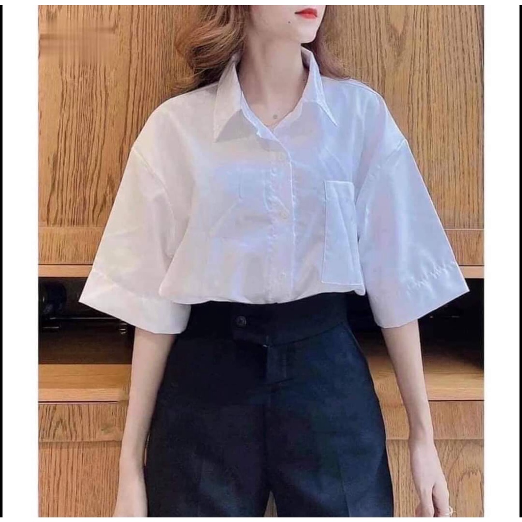 Áo sơ mi trắng trơn form rộng unisex, áo sơ mi tay ngắn có túi chất vải trơn mềm mịn