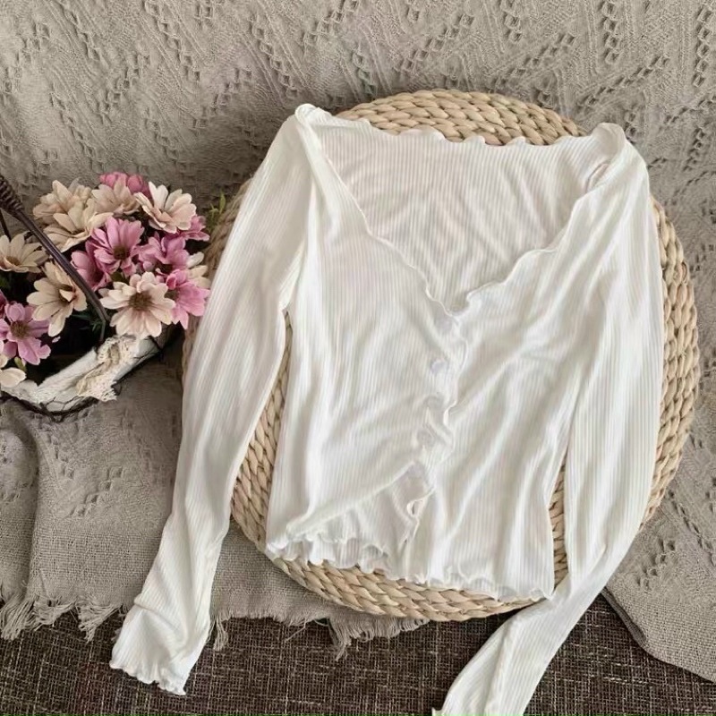 Áo croptop nữ thun gân viền bèo tay dài chất đẹp Michi,áo kiểu nữ thun gân viền bèo tay dài