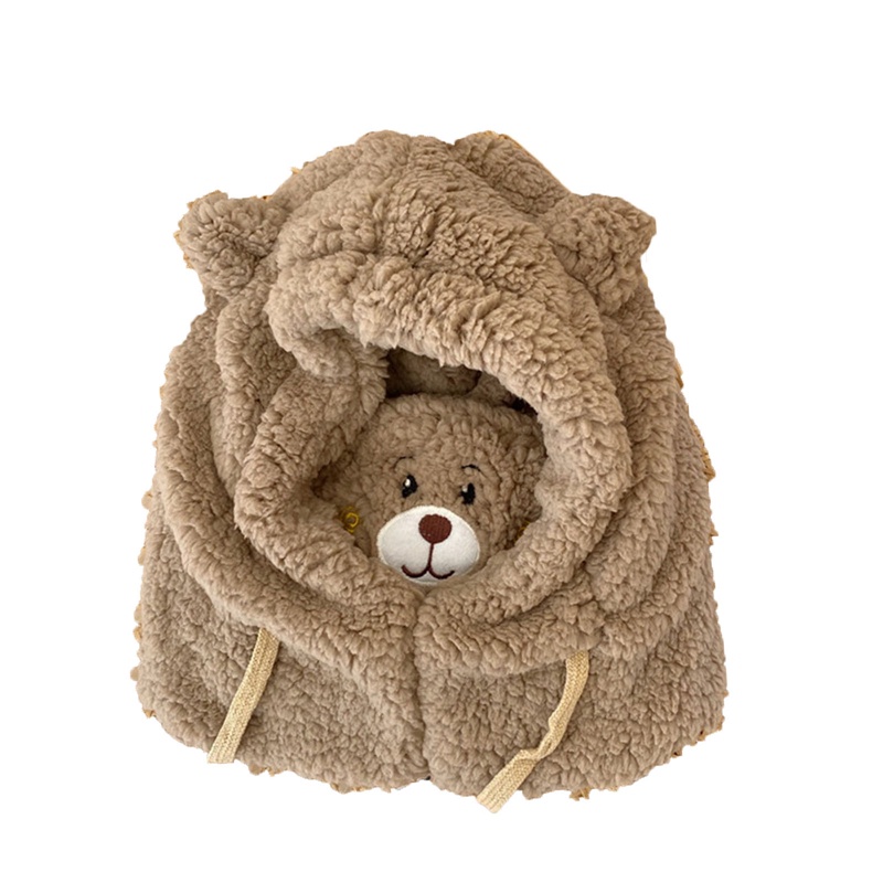 Aasleaty Mũ Len Lông Cừu Chống Lạnh Kèm Khăn Choàng Cổ Hình Gấu Dễ Thương Thời Trang Mùa Đông Cho Nữ Sinh