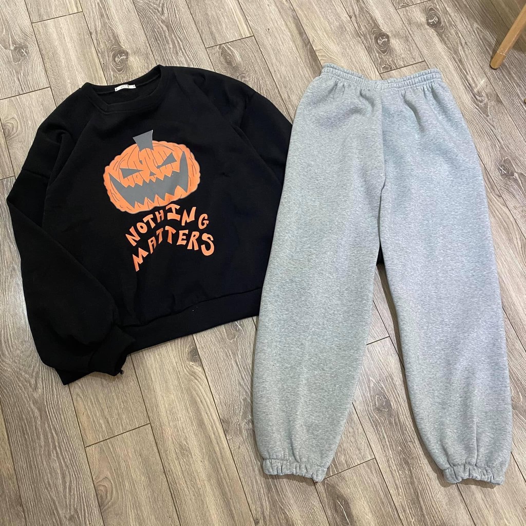 Set Nỉ Bông HALOWEEN Unisex ♥ Đồ bộ thun dày form rộng oversize, áo hoodie đen quần jogger xám Ulzzang ♥