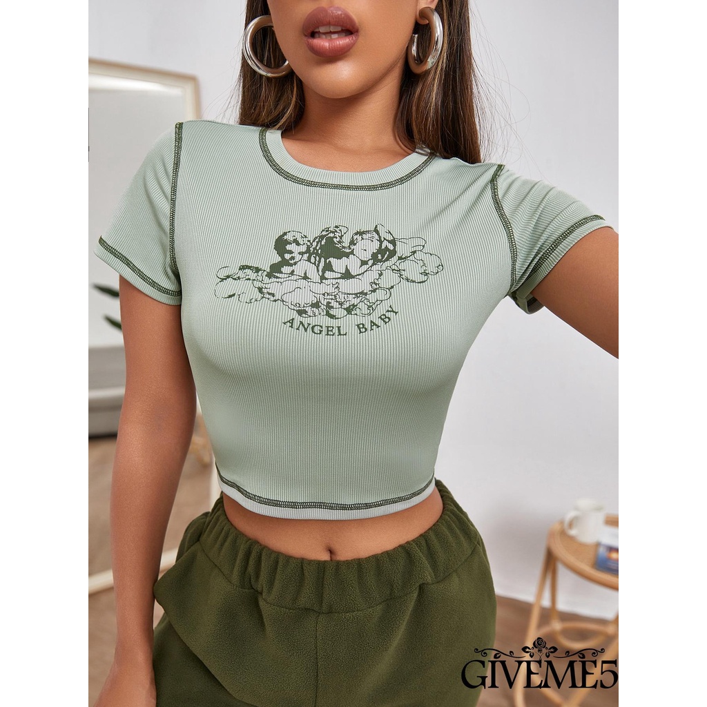 Áo Thun Croptop Tay Ngắn Cổ Tròn In Hình Thiên Thần Nhỏ Phối Màu Tương Phản Cho Nữ