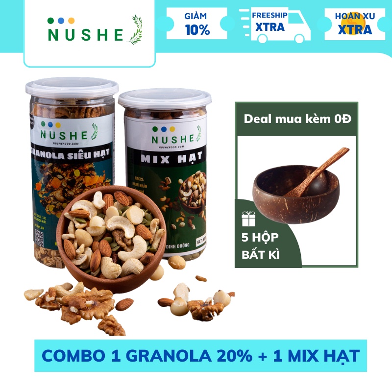 Combo Siêu Hạt NUSHEFOOD - Combo gồm Granola 20% Yến Mạch và Mix Hạt, Ăn Liền, Ăn Vặt, Giảm Cân Healthy 500g/1 hủ