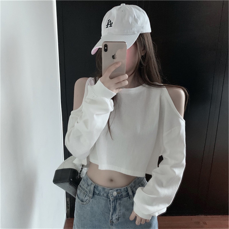 Áo Croptop Aimeehouse Áo thun nữ Tay Dài Trễ Vai Quyến rũ hàng Quảng Châu