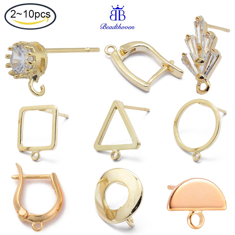 Set 10 phụ kiện khuyên tai dạng xỏ đồng thau với vòng gắn và chốt thép mạ vàng không niken 8x10x1mm lỗ 1.5mm chốt 0.8mm