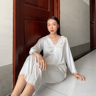 Set Đồ Ngủ Bộ Lụa Cao Cấp Sleepwear Mặc Nhà Tay Dài Phối Ren Thoáng Mát Mềm Mịn | Shop Shier ☘