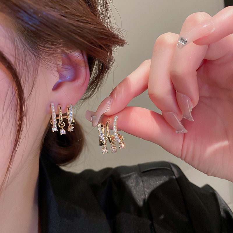 Bông Tai Hình Học Ba Lớp Đính Ngọc Trai Zircon Phong Cách Hàn Quốc Cho Nữ