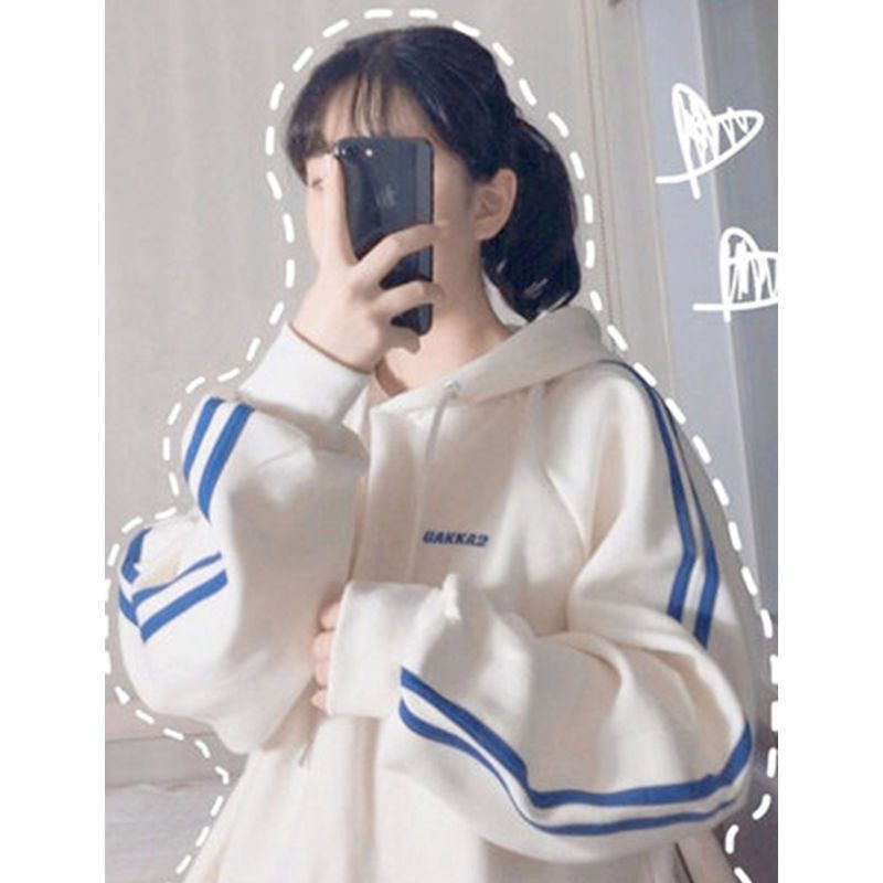 [Hàng order] Áo nỉ hoodie trắng kem sọc xanh xinh xinh (ảnh thật)