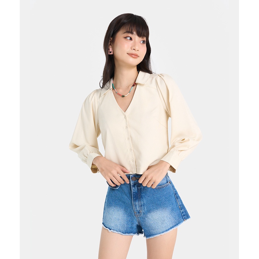 Áo Kiểu Sơmi Thời Trang Nữ HNOSS Tay Dài Cổ Chữ V HNAKI062