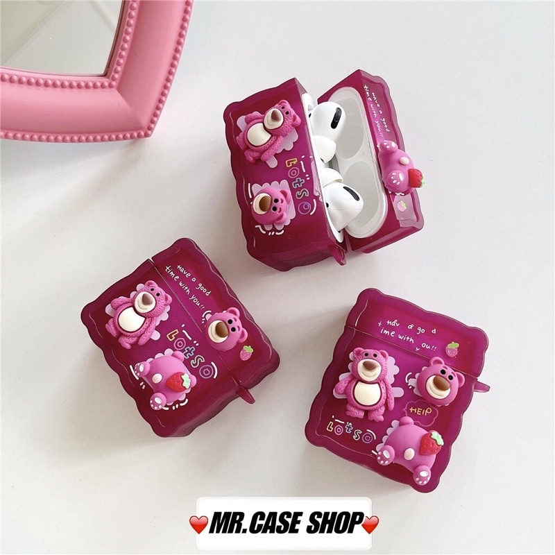 [ CÓ AP 3 ] Case Airpods 1/2 /Pro Vỏ Ốp Tai Nghe Hình Vuông Gấu Hồng Lotso Sticker Nổi - Mr.Case AirPods