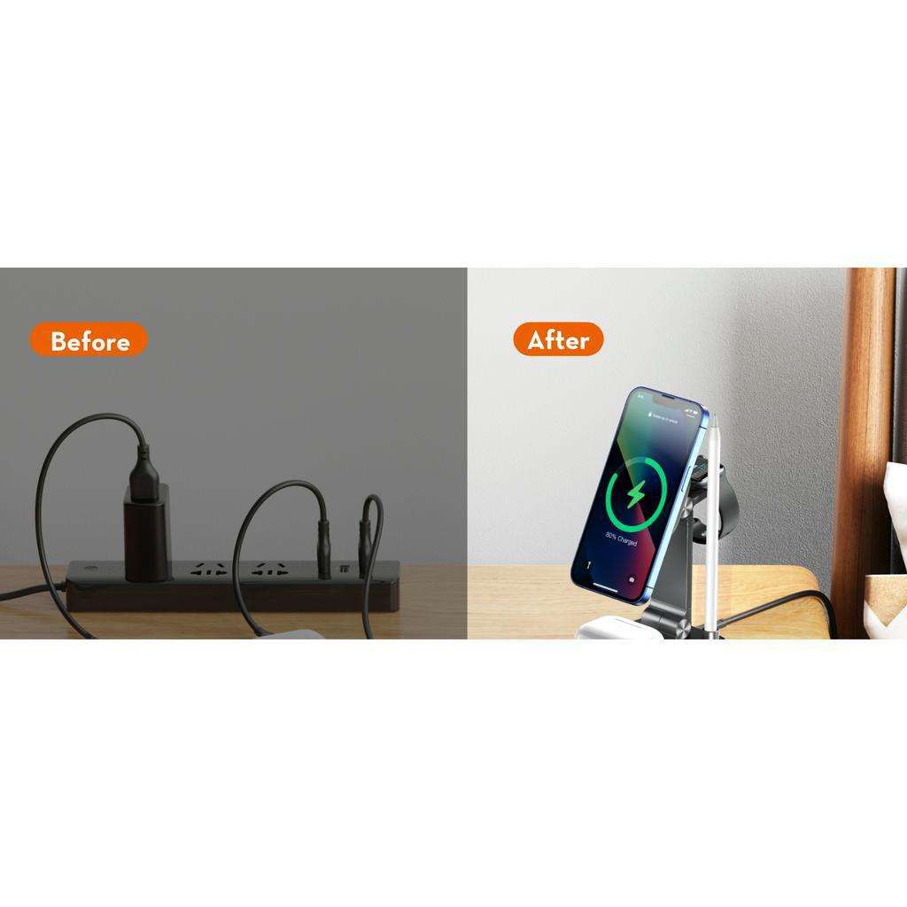 CHÍNH HÃNG Đế sạc không dây từ tính, sạc nhanh đa năng THREEKEY TK 23 4 IN 1 USB C 15W iPhONE TAI NGHE, ĐỒNG HỒ, BÚT