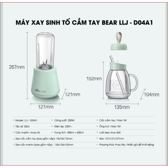 Máy xay sinh tố cầm tay, máy xay sinh tố 2 cốc dung tích 400ml +600ml chính hãng Bear model D04A1.