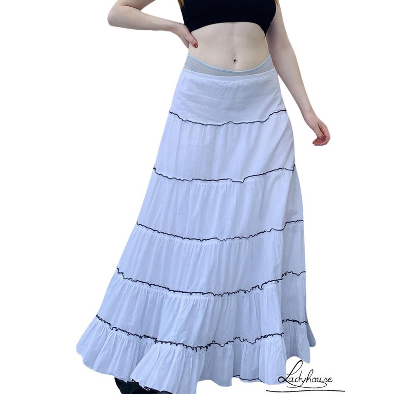 LD-Women Fashion Long Skirt Ladies Patchwork Mid-Waist A-line Skirt Spring Summer Wild Chic Casual Skirt