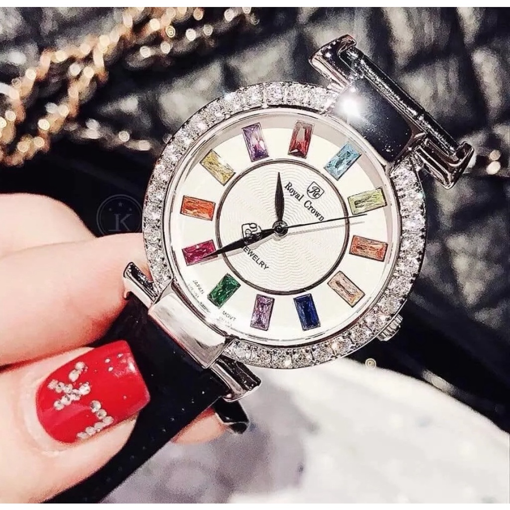 Đồng hồ đeo tay nữ, đồng hồ nữ dây da ROYAL CROWN đính đá phong thủy lấp lánh siêu cao cấp cho nữ, giảm giá cực rẻ