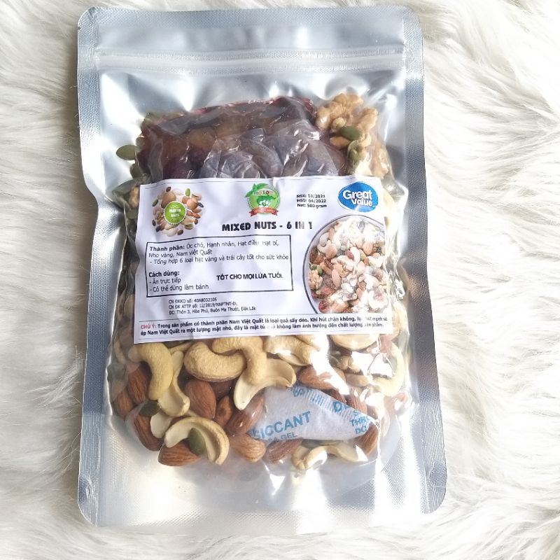 500Gr MIX 6 LOẠI HẠT VÀ TRÁI CÂY SẤY NGUYÊN VỊ (MIX NUTS,HẠNH NHÂN,ÓC CHÓ,HẠT ĐIỀU,HẠT BÍ,NAM VIỆT QUẤT,K MACCA, GRANOLA