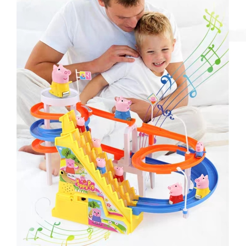Bộ Đồ Chơi Heo Peppa Leo Cầu Thang Size Lớn Đường Ray Đôi Siêu Dễ Thương Cho Bé - Âm Nhạc Vui Nhộn