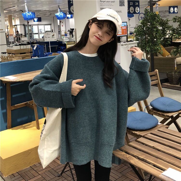 Mi Áo Sweater Dệt Kim Màu Trơn Dáng Rộng Xẻ Tà Kiểu Hàn Quốc Thời Trang Thu Đông Cho Nữ