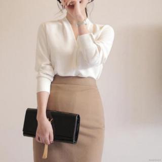 Áo kiểu vải voan tay dài cổ chữ V màu trắng thanh lịch dành cho nữ