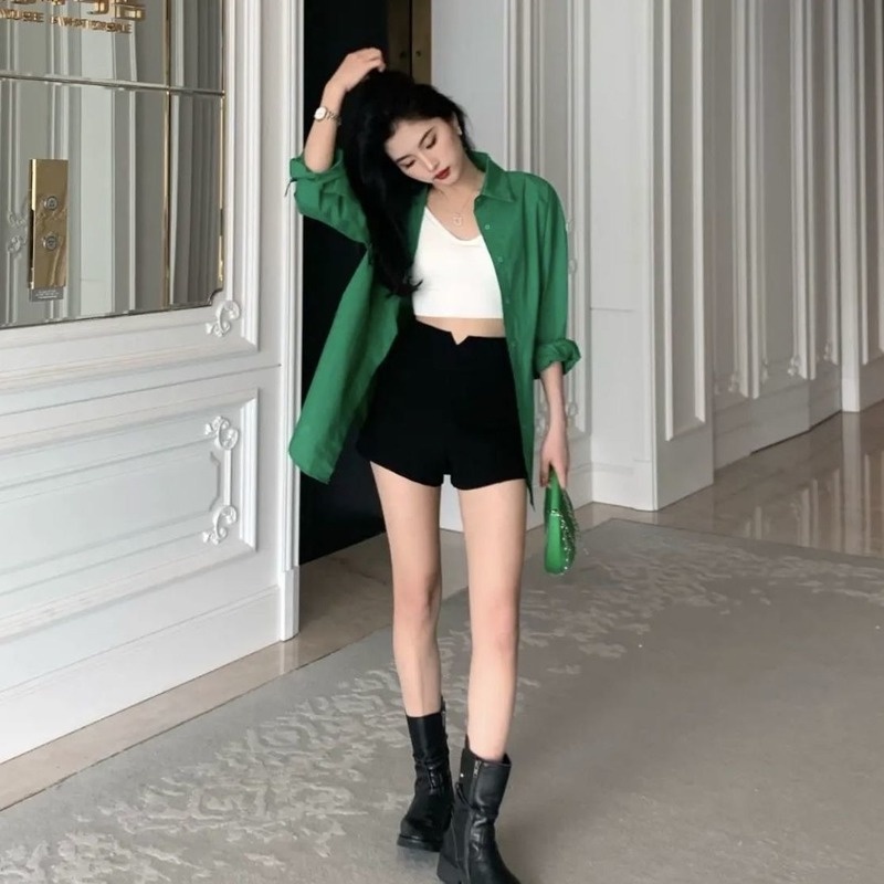 Áo Sơ Mi Mỏng Dáng Rộng Màu Xanh Lá Phong Cách Hong Kong Thời Trang Mùa Xuân Cho Nữ