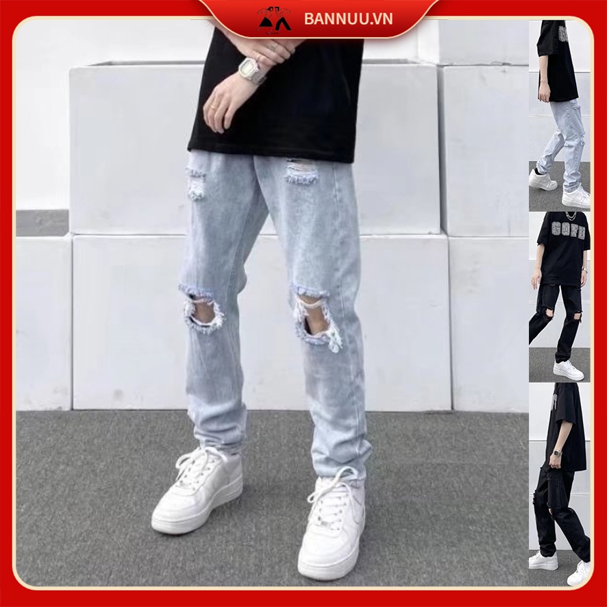Quần Jean nam đen Rách Gối quần ống suông Phong Cách Hàn Quốc quần bò nam Thời Trang Cá Tính quần bò nữ