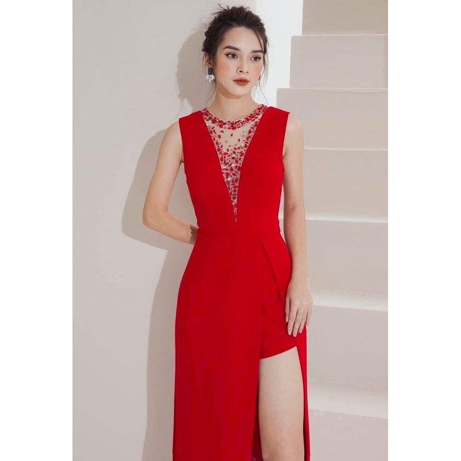 Đầm dạ hội phối lưới đính cườm giả jumpsuit cá tính