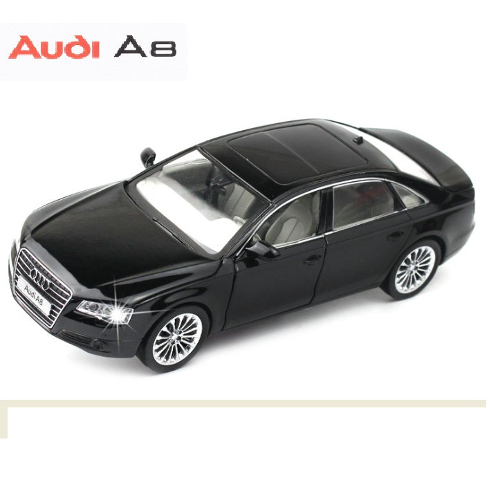 Xe mô hình ô tô Audi A8 tỉ lệ 1:32 hãng Jackie kim xe bằng kim loại chạy cót mở các cửa có đèn và âm thanh động cơ