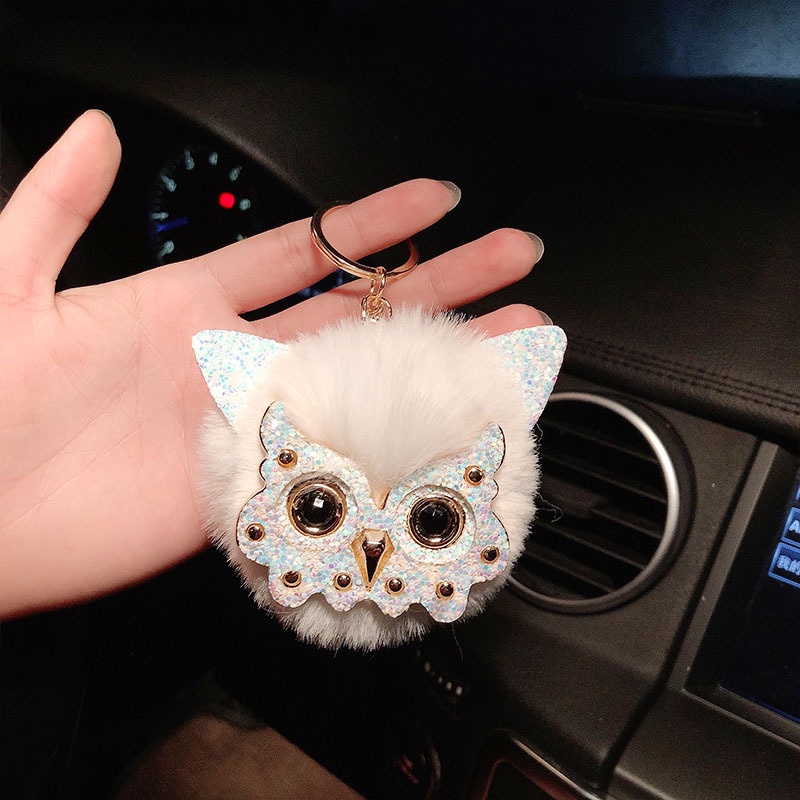 Móc Khóa Hình Chim Cú Gắn Bóng Lông Dễ Thương