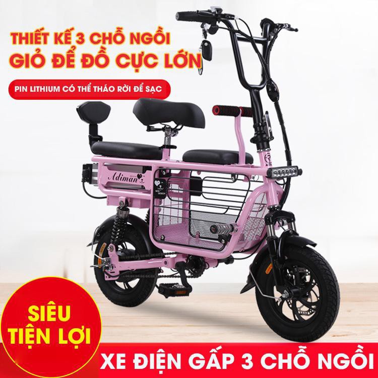 Xe Điện Mini Gấp Gọn, Xe điện ADIMAN X1, Xe Đạp Điện Giỏ To, Xe điện 3 Ghế Ngồi - Pin Khủng Lithium 48v-20A