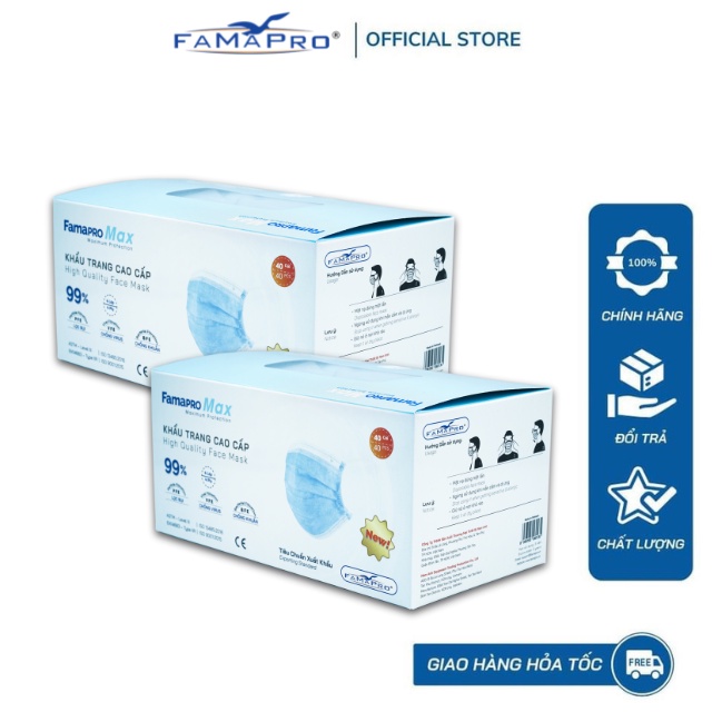 [HỘP-40 CÁI-MÀU XANH] COMBO 2 HÔP Khẩu trang y tế cao cấp kháng khuẩn 4 lớp Famapro max
