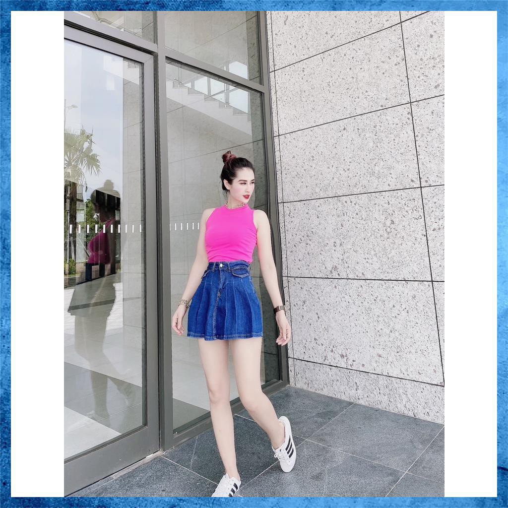 Quần váy jeans, quần bò giả váy dáng xòe, lưng cao túi nắp 1 khuy điệu đà sang chảnh V2115