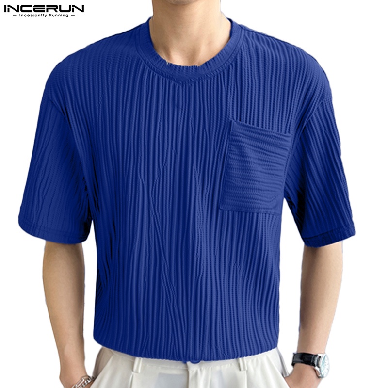 Áo thun INCERUN màu trơn mùa hè dáng rộng tay cộc có túi diềm xếp nếp cho nam