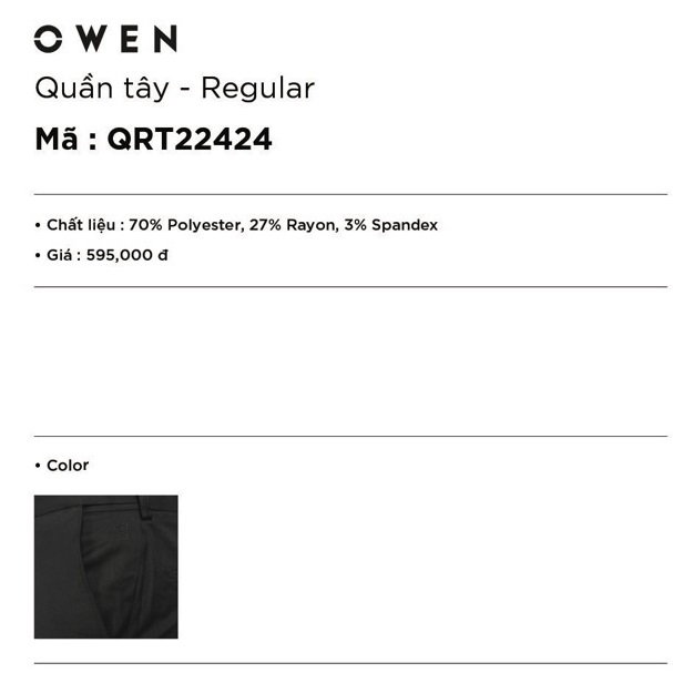 Quần Âu Nam Quần Tây Công Sở Cao Cấp Owen QRT22424 Dài Chân Dáng Regular Fit Cạp Tăng Đơ Màu Đen Trơn Vải Polyester
