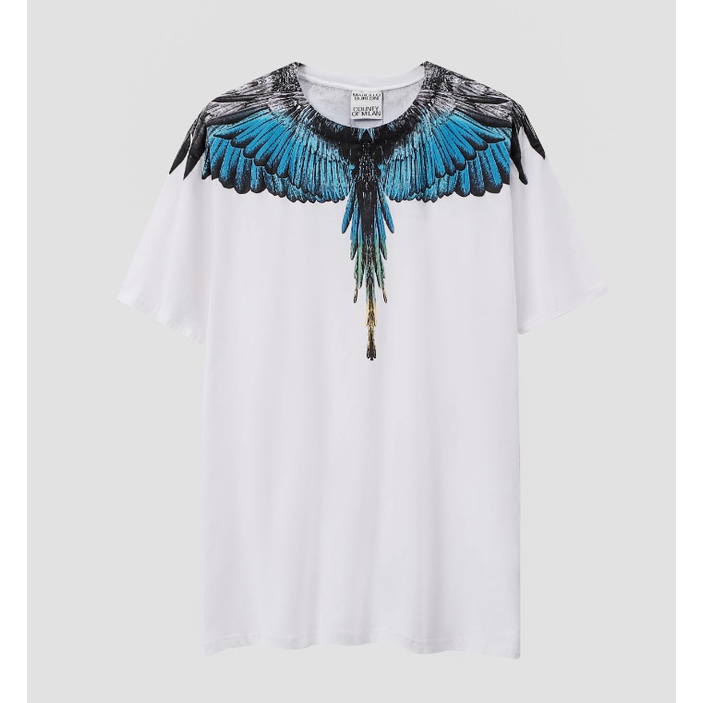 Áo Thun Cotton Ngắn Tay In Họa Tiết Đôi Cánh Màu Trắng Đen Phối Bầu Trời Xanh Thời Trang