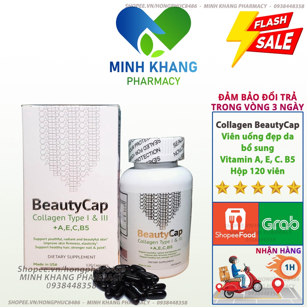 Viên uống đẹp da Collagen BeautyCap Mỹ bổ sung Vitamin A,E,C,B5 và Collagen Type 1&3 Minh Khang Pharmacy Che tên sản phẩ