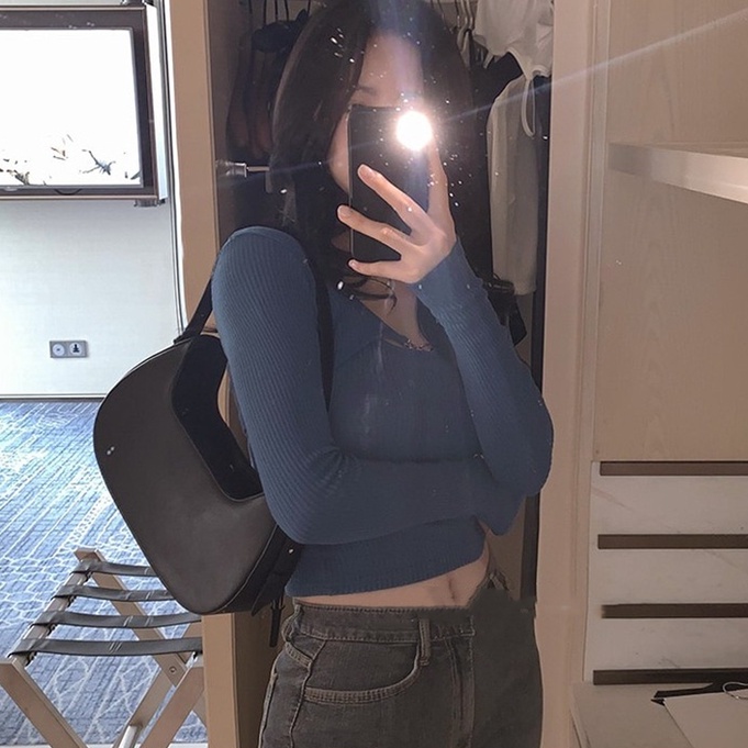 Cocory vn Áo Thun Dài Tay Cổ Yếm Màu Sắc Thời Trang Cho Nữ