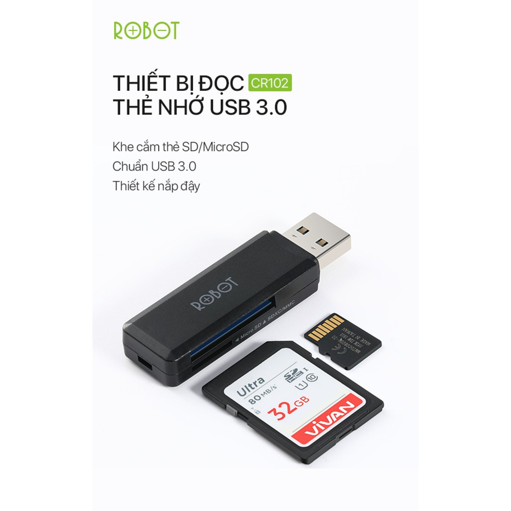 Dầu đọc thẻ nhớ USB ROBOT CR102 Chuẩn USB 3.0 Tốc độ truyền tải nhanh khe cắm thẻ nhớ SD/MicroSD - Hàng Chính Hãng