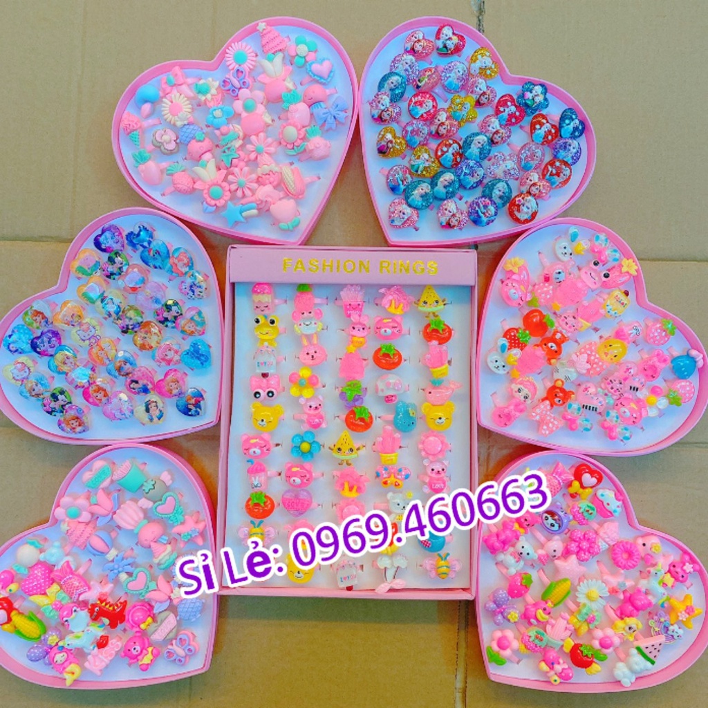 🔥HOT🔥 Hộp 50/36 Nhẫn Nhựa Công Chúa Elsa, Anna, Bạch Tuyết, Tóc Mây, Sofia, Tiên cá, Kitty, Ngựa Pony, Kitty...