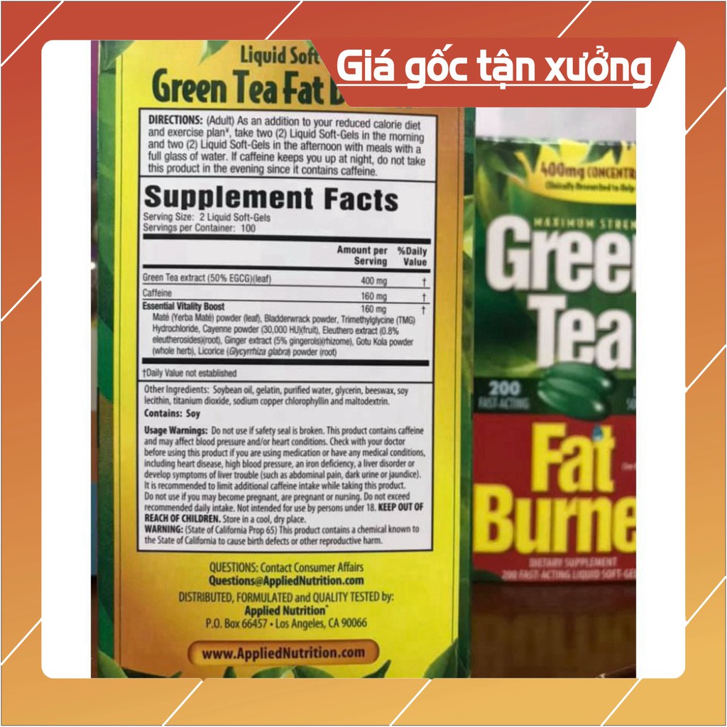 SALE SẬP NHÀ 80% Viên uống giảm cân từ trà xanh Green Tea Fat Burner 200 viên của Mỹ.Date T9+10+11/2021 SALE SẬP NHÀ 80%