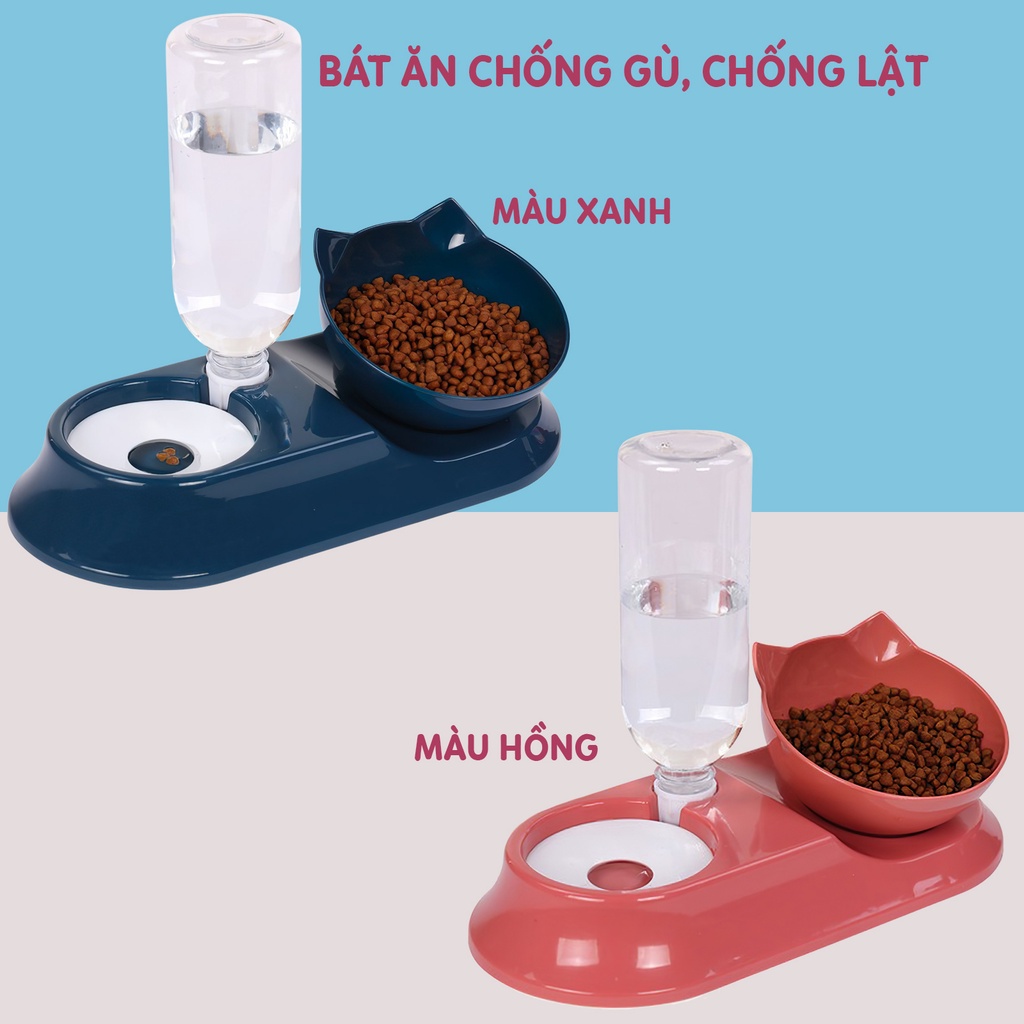 Bát ăn cho mèo chó thú cưng có đế chống lật chống gù và bình nước tự động bằng nhựa hình tai mèo